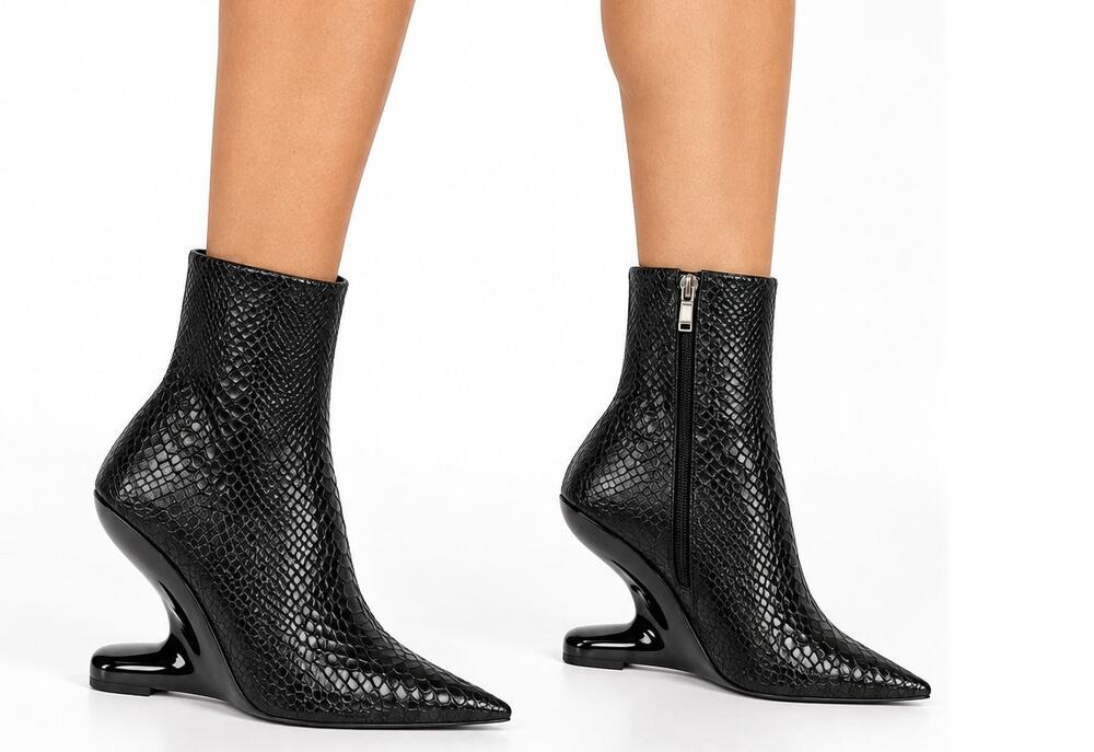 Azalea Wang Rapture Womens 7.5 Black Snake Sculptural Wedge Pointed Boots